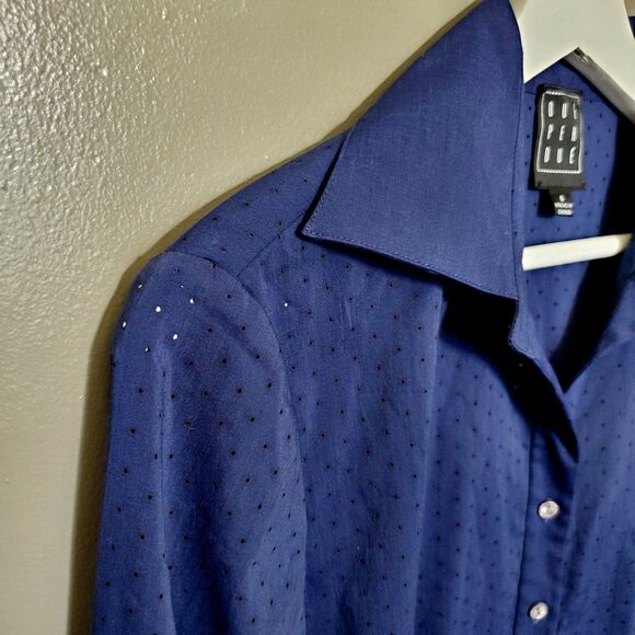 Due Per Due Shirt Women's Size 6 Navy Blue Long Sleeve Button Up Dot Business - Picture 4 of 8